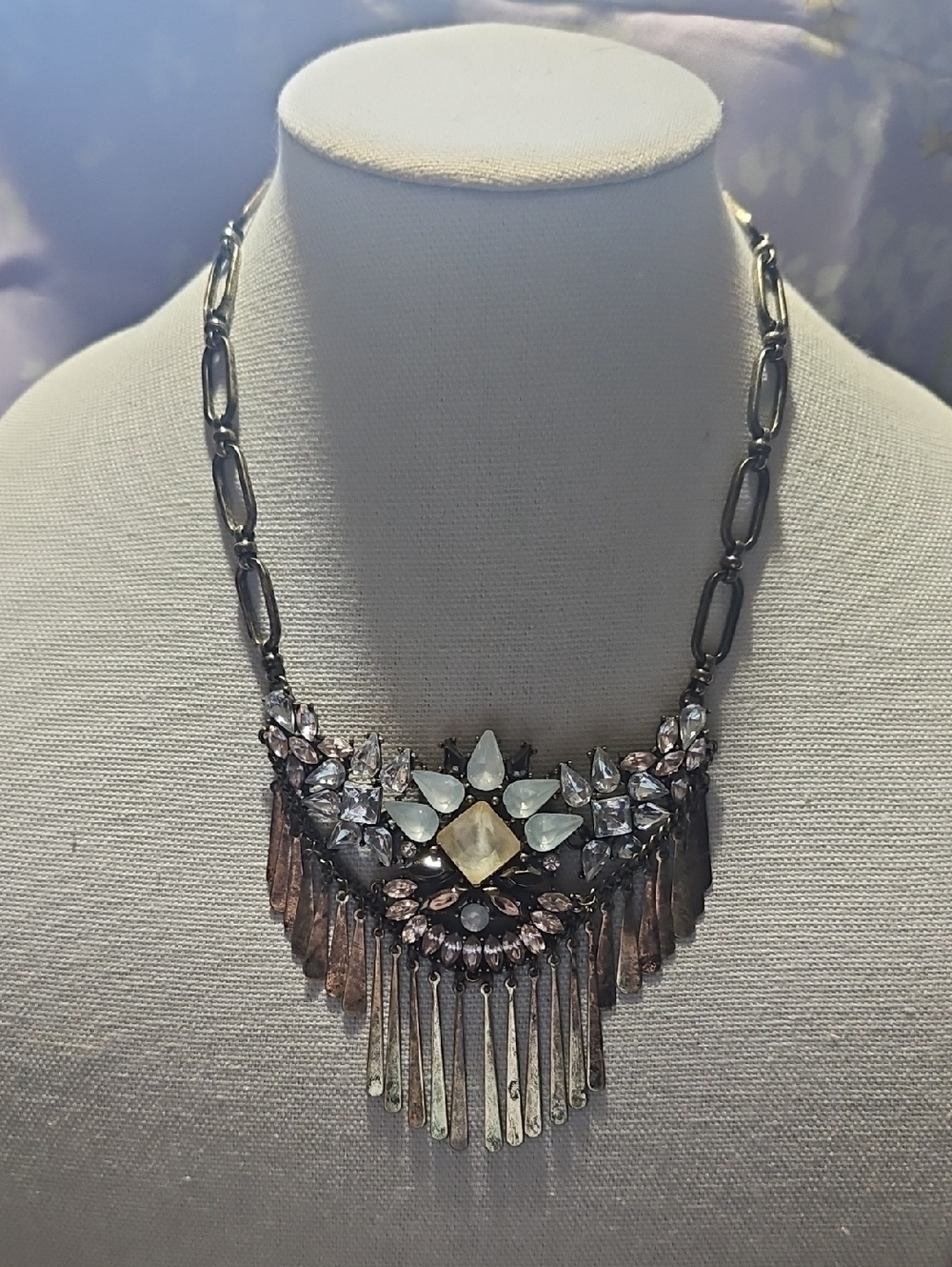 BaubleBar Gold Chain Fringe Crystal Bib Necklace with Lite Pink Crystal Accents
